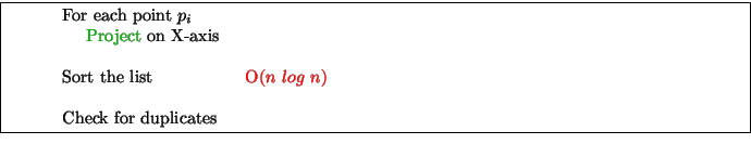 \framebox[6.0in]{
\begin{minipage}[h]{5.0in}
\par
For each point $p_i$\par
~~~~...
...\textcolor{Red}{O($n~log~n$)}\\
\par
Check for duplicates
\par
\end{minipage} }