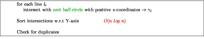 \framebox[6.0in]{
\begin{minipage}[h]{5.0in}
\par
for each line $l_i$\par
~~~~i...
...\textcolor{Red}{$O(n~log~n)$}\\
\par
Check for duplicates
\par
\end{minipage} }